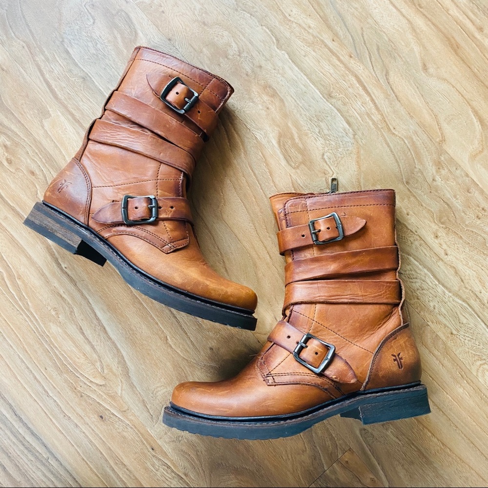 Frye Veronica Tanker Leather Buckle Boots